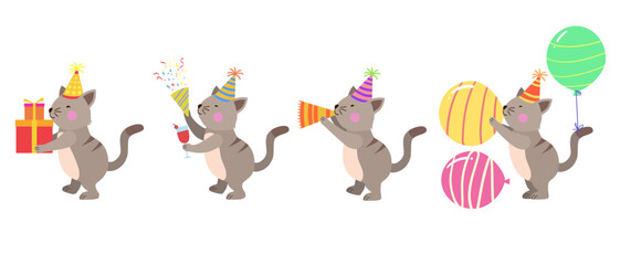 Happy birthday collection with cartoon cat characters. Birthday party vector illustration for greeting cards, invitations, events, posters, stickers, prints.
