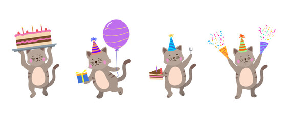 Happy birthday collection with cartoon cat characters. Birthday party vector illustration for greeting cards, invitations, events, posters, stickers, prints.
