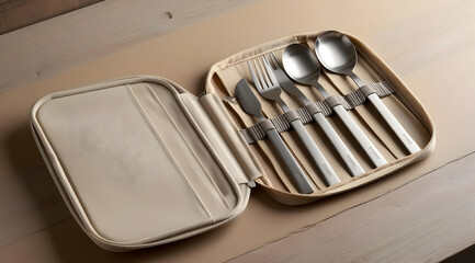 A compact cutlery set featuring stainless steel utensils neatly arranged in a stylish case, perfect for dining on the go.
