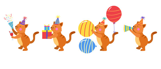 Happy birthday collection with cartoon cat characters. Birthday party vector illustration for greeting cards, invitations, events, posters, stickers, prints.