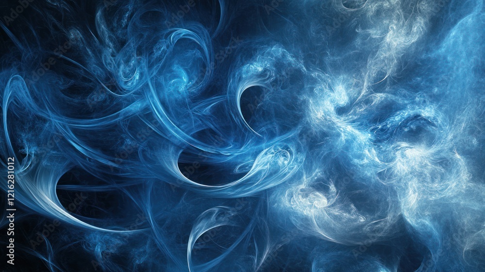Poster abstract blue background with dynamic shapes and flowing patterns.