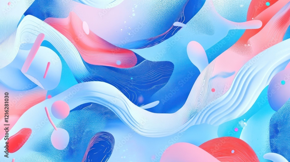 Poster abstract blue background with dynamic shapes and flowing patterns.