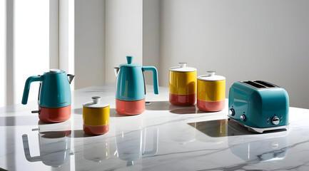 A colorful collection of kitchen appliances, including kettles and a toaster, arranged on a sleek surface with natural light highlighting their design.