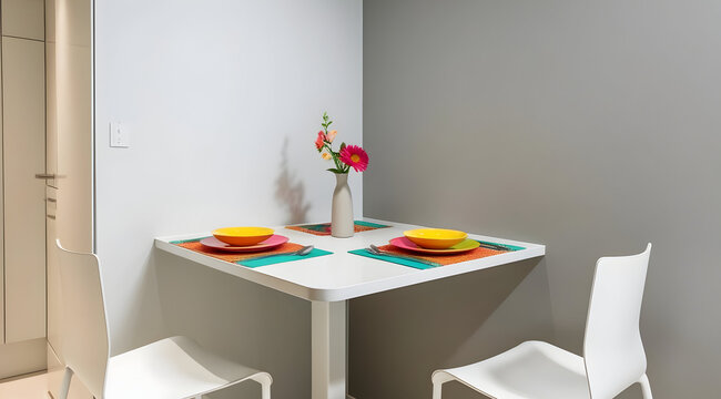 A cozy dining nook featuring a simple table, colorful plates, and a vase with flowers, set against a minimalist background.