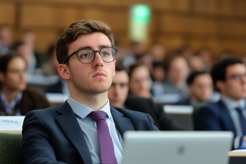 Fototapeta premium Engaged audience member listening attentively during a lecture in a modern auditorium at a university