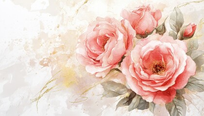 Delicate Pink Watercolor Roses with Golden Accents