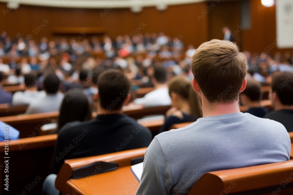 Poster group of students attending a lecture in a large auditorium during a university class in the afterno