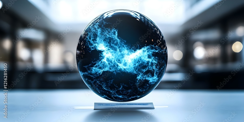 Poster a glowing, ethereal sphere with blue and white light patterns, seemingly floating above a surface in