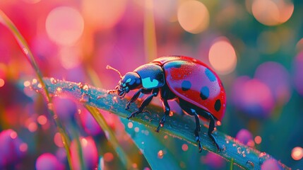 Fototapeta premium Vibrant Ladybug on Dew-Kissed Grass Blade