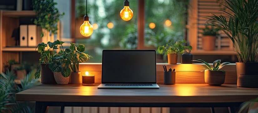 Cozy Home Office Setup: Laptop, Plants, and Warm Lighting