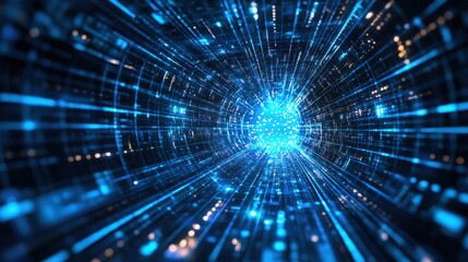 Fototapeta premium Digital data stream tunnel, futuristic technology, glowing particles, abstract background, website banner