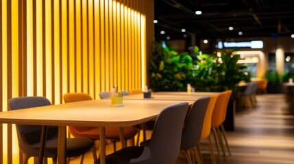 Modern dining area with vibrant yellow lighting and greenery, showcasing a cozy atmosphere for patrons