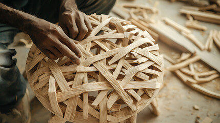 Craftsman weaving wooden chair seat with skillful hands, showcasing craftsmanship and attention to detail
