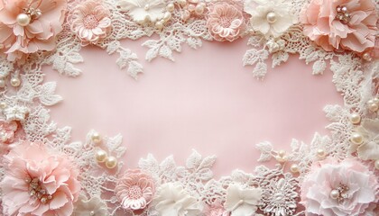 Elegant Floral Frame with Pearls and Lace on Pink Background