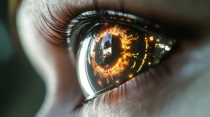 Fototapeta premium A close-up of a digital eye with reflections of data streams