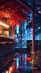 Obraz premium A vibrant street at night, with neon signs and colorful, a futuristic twist with AI robots serving the dishes Cyberpunk Neon Futuristic Photography