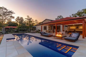 Modern Backyard Poolside Relaxation Area at Sunset