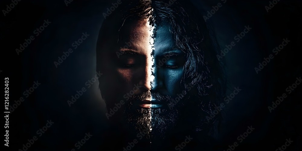 Poster a split-faced portrait highlighting contrasting light and dark sides, featuring two figures with lon