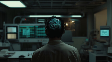 Person in lab with brain scan overlay