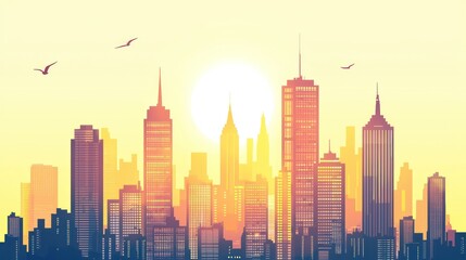 Obraz premium Minimalist city skyline with tall, prominent buildings and a bright background
