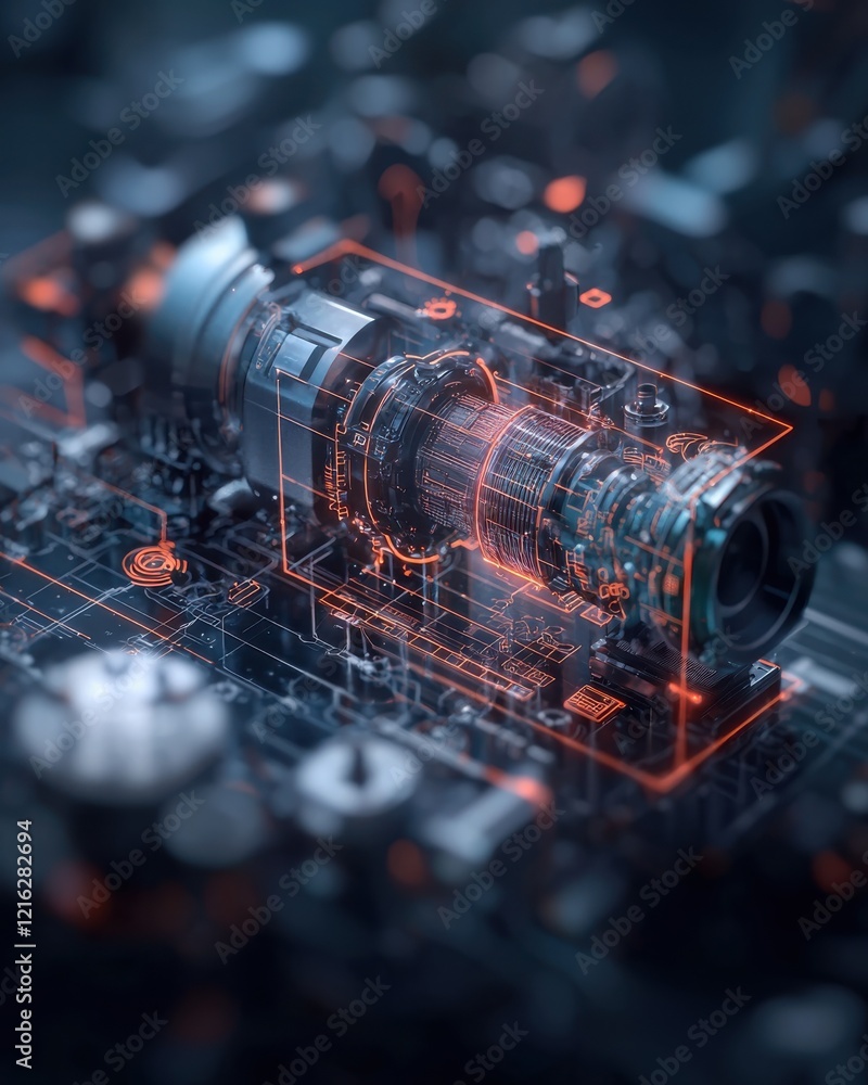 Poster a futuristic depiction of a camera component integrated within a complex circuit board, showcasing i
