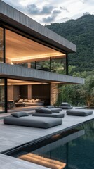 Fototapeta premium Modern Concrete House With Infinity Pool And Mountain View