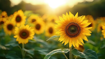 Fototapeta premium Golden Hour Sunflowers: A Vibrant Summer Field