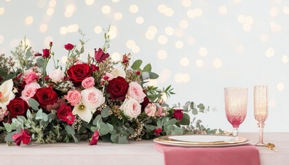 Elegant Red and Pink Rose Floral Arrangement on a Romantic Table Setting