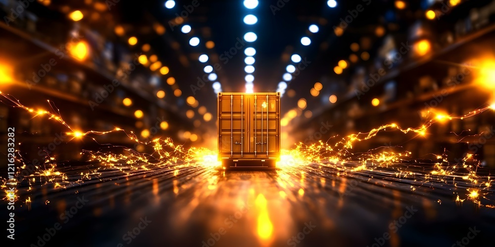 Aufkleber a glowing container surrounded by sparks, set in a dynamic, illuminated environment resembling a war