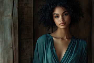 Fototapeta premium A young woman with curly hair, wearing a teal dress, poses against a rustic wooden background.