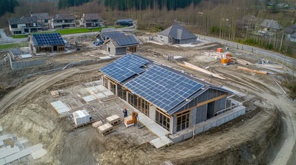 Construction site with solar panels being installed on a roof.