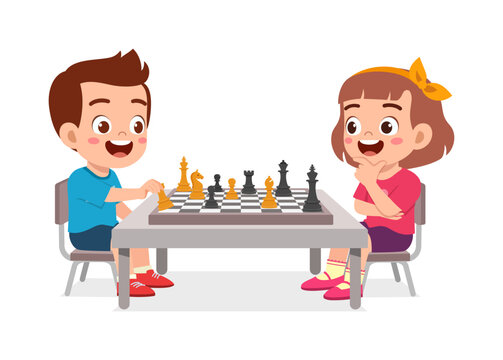 little kid playing chess with friend together