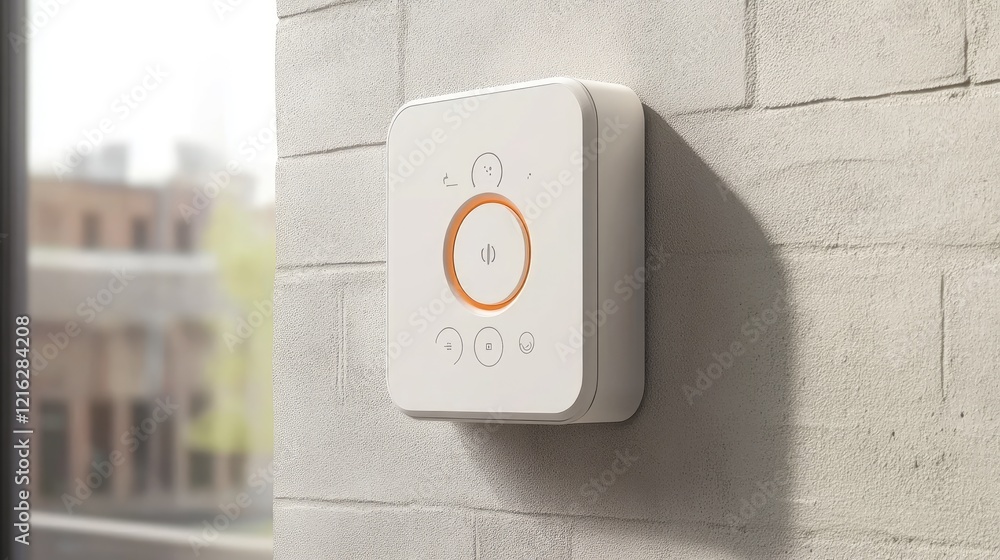 Poster a smart home wall-mounted control panel with simple buttons and touchscreen for adjusting the climat