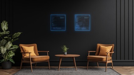 Modern Lounge with Futuristic Digital Interfaces on Black Wall