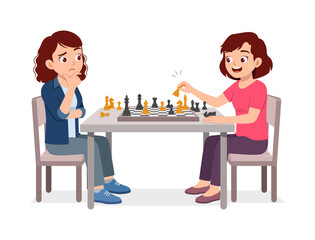 two women play chess and thinking hard