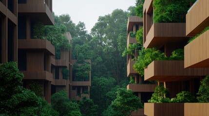 Fototapeta premium Serene Wooden Apartments Nestled in Lush Greenery Offering Tranquil Living