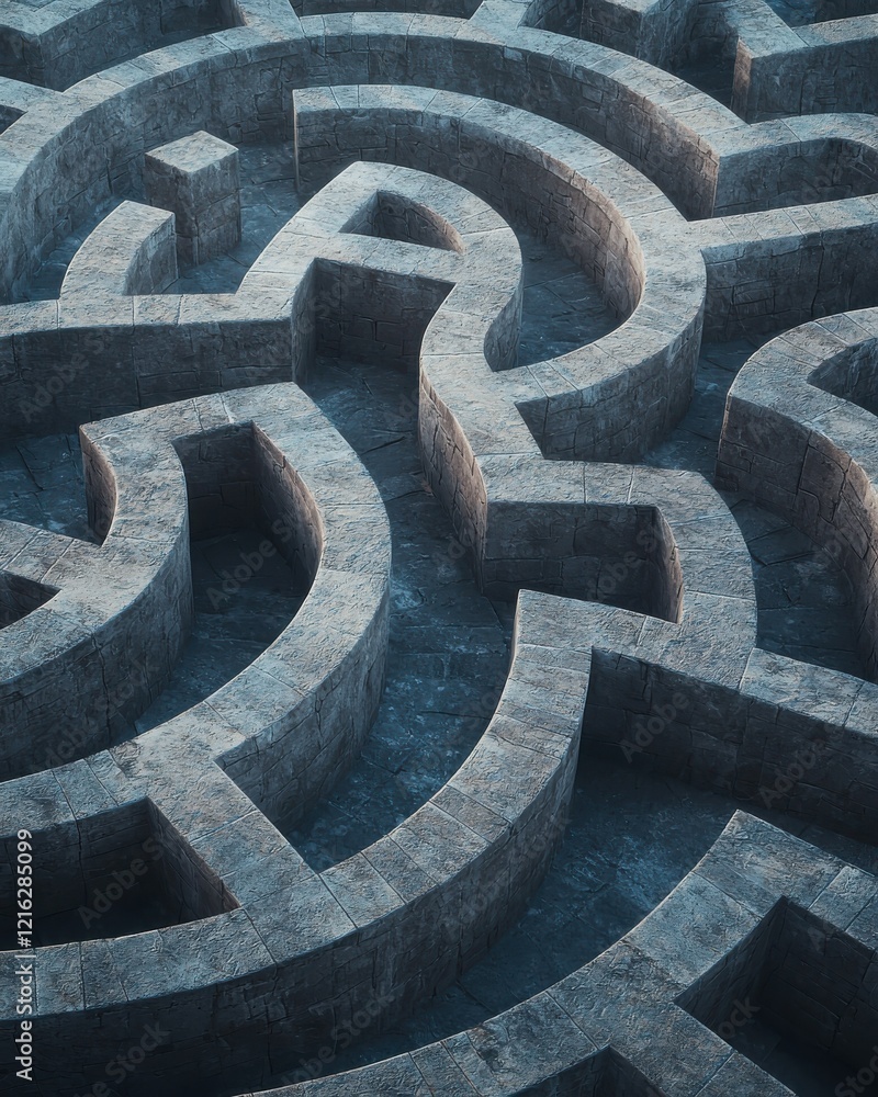Poster a close-up view of a complex, grey stone labyrinth design, featuring winding paths and intricate pat