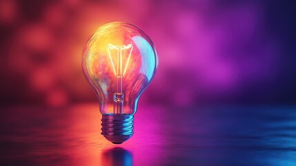 Illuminating Ideas: A Glowing Lightbulb in Vibrant Neon Hues