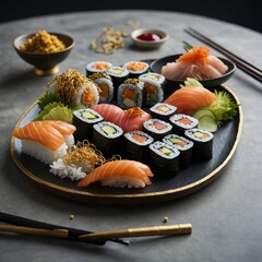 "Elegant sushi platter with edible gold accents."