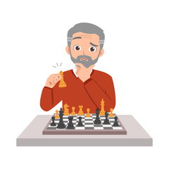 old man playing chess and feel happy