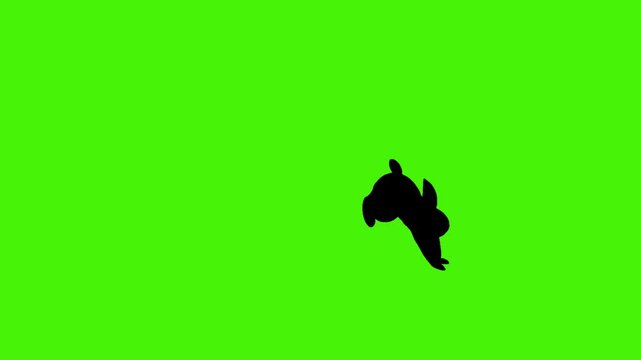 Cute bunny hop silhouette animation on green background. Concept of cartoon, animal, easter, and wildlife.