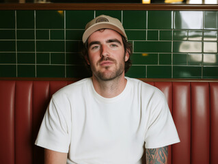 Confident portrait of a young man in a beige cap sitting in a retro diner with green tile decor