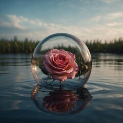A rose inside a floating bubble in a surreal environment.