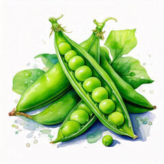 Fresh green pea pods with peas, watercolor illustration on a white background.