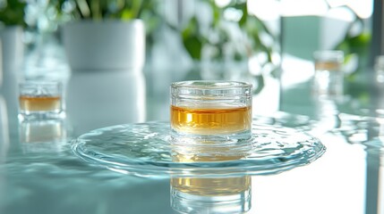 Obraz premium Transparent glass cup with amber beverage on reflective surface