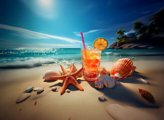 A refreshing iced beverage sits on a sandy beach, surrounded by seashells and starfish under a bright sun. Ocean waves gently lap the shore in the background, creating a tropical paradise scene.