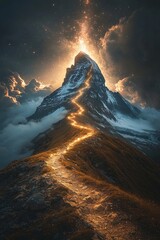 Naklejka premium A starry path spiraling upward into the clouds above a mountain peak, its shimmering light illuminating the rugged terrain below. 