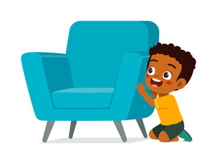 little kid play hide and seek and hiding behind chair