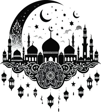 Print  Ramzan Mubark silhouette - vector image of ramzan mubark - black and white ramzan mubairk 