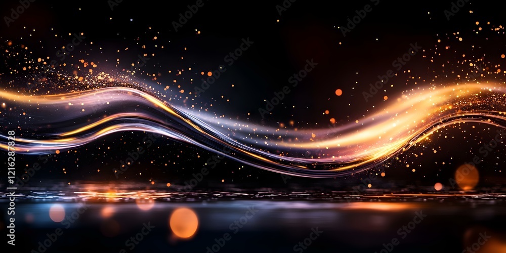 Poster a dynamic, abstract design featuring glowing waves of light and shimmering particles against a dark 